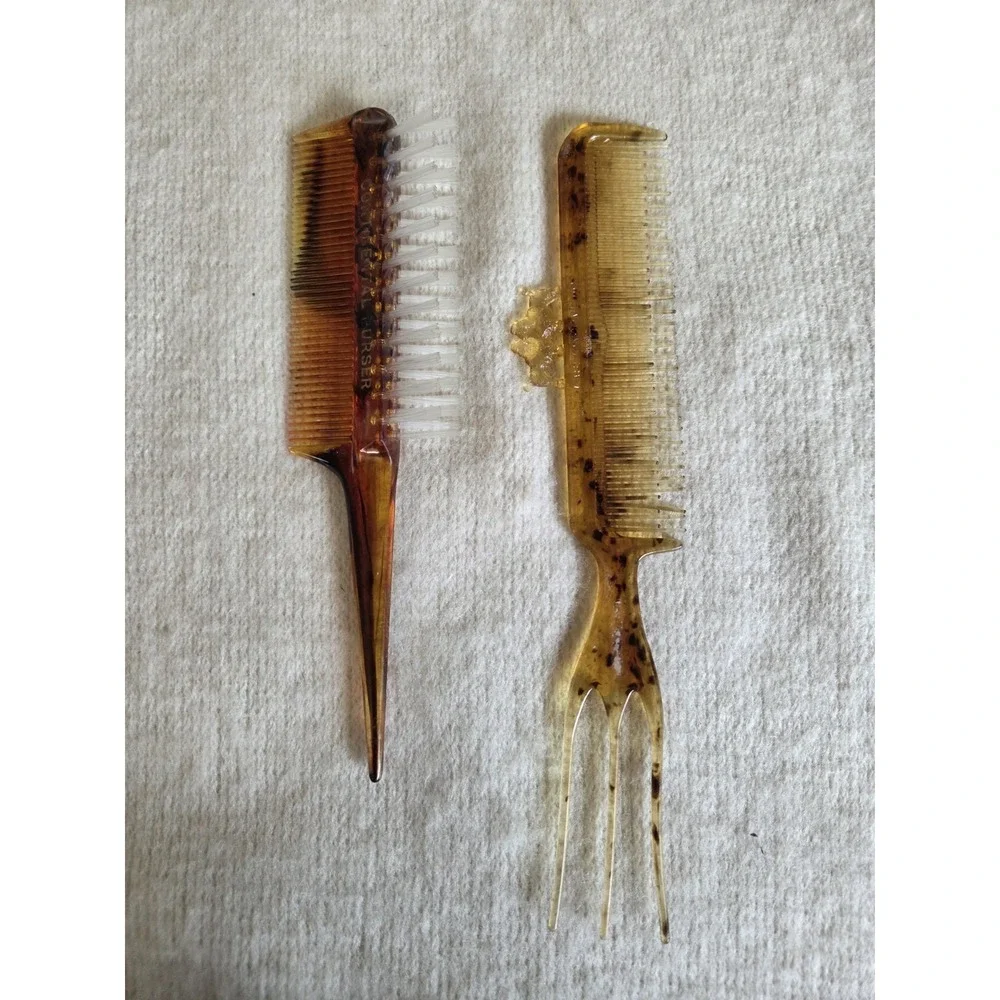 Vintage Amber Comb Lot – Continental Purser Brush/Comb + Decorative Hair Fork –‎